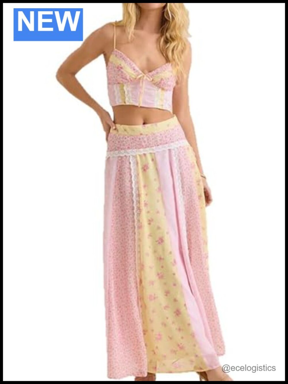 Women's 2 Piece Floral Skirt Set w/ Lace Cami & Maxi Skirt, Boho Vacation Outfit